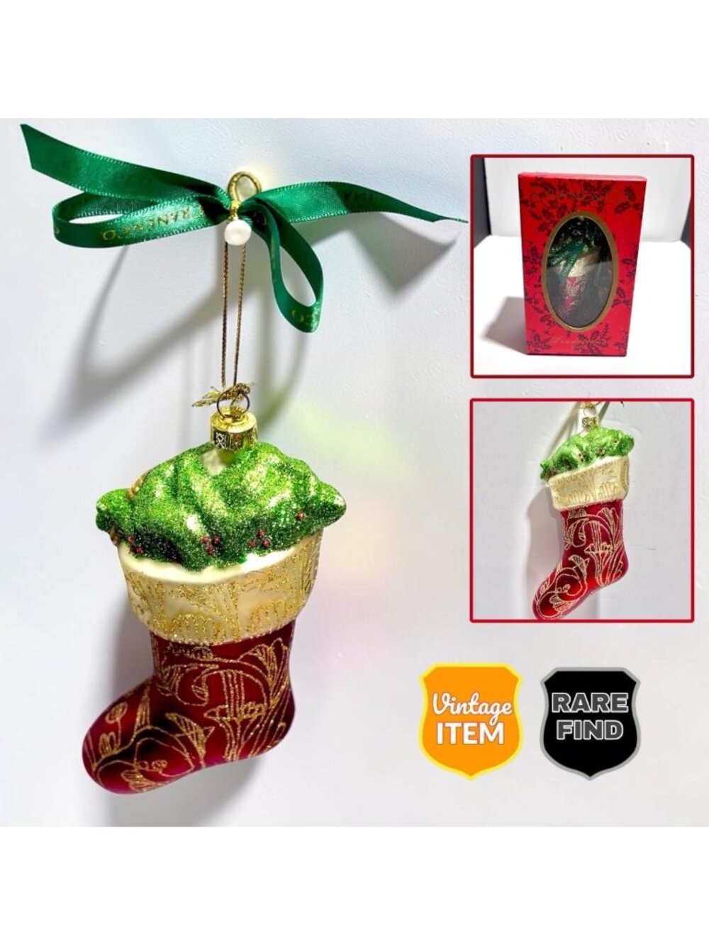 Vintage Crane & Co. Holiday Christmas Stocking Glass Ornament in Box! RARE!